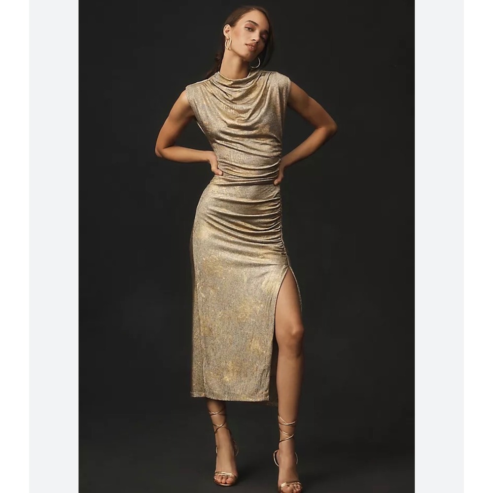 Anthropologie Gold Metallic Ruched Cowl Neck Midi Dress Sleeveless Small
